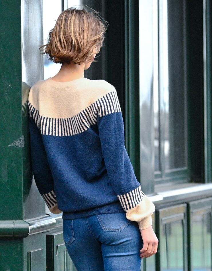 Pull jacquard rayé manches longues blousantes (indigo) Pull jacquard rayé manches longues blousantes (indigo)