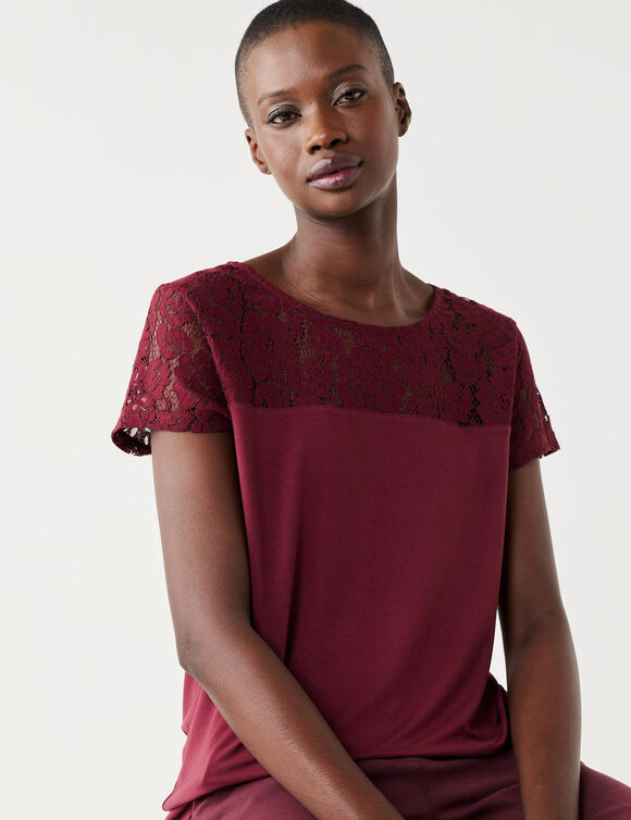 T-shirt manches courtes dentelle (bordeaux)