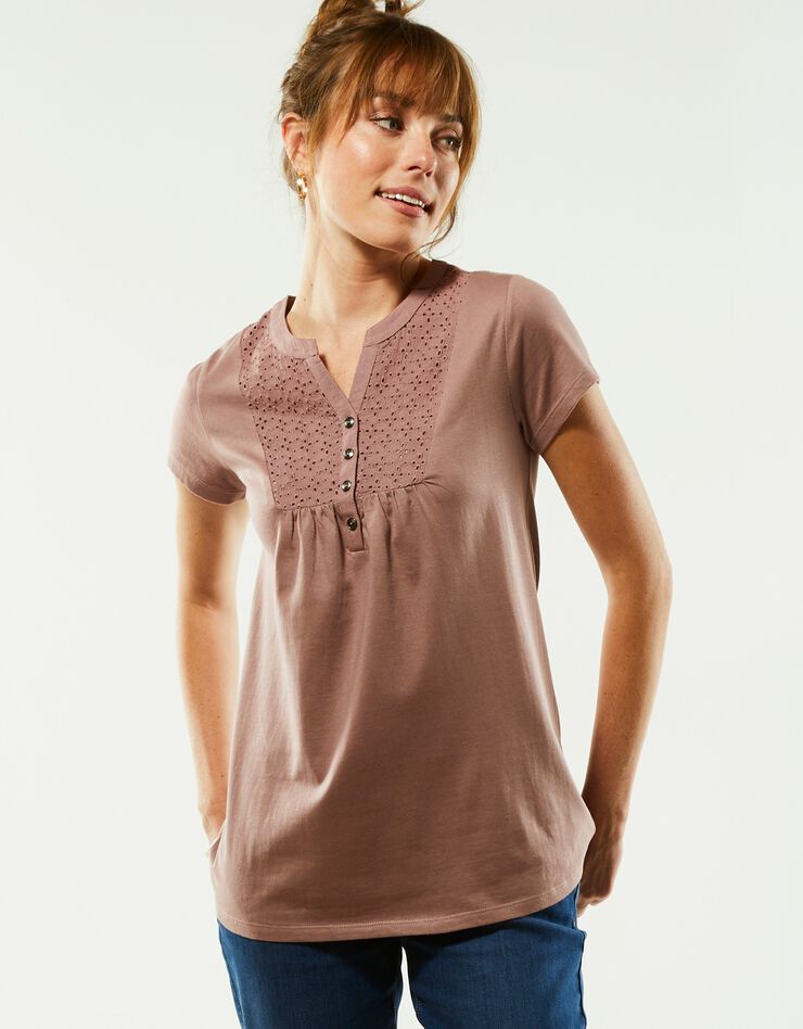 Tee-shirt boutonné broderie anglaise (taupe) Tee-shirt boutonné broderie anglaise (taupe)