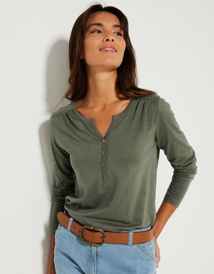 Tee-shirt col tunisien manches longues, uni (kaki) Tee-shirt col tunisien manches longues, uni (kaki)