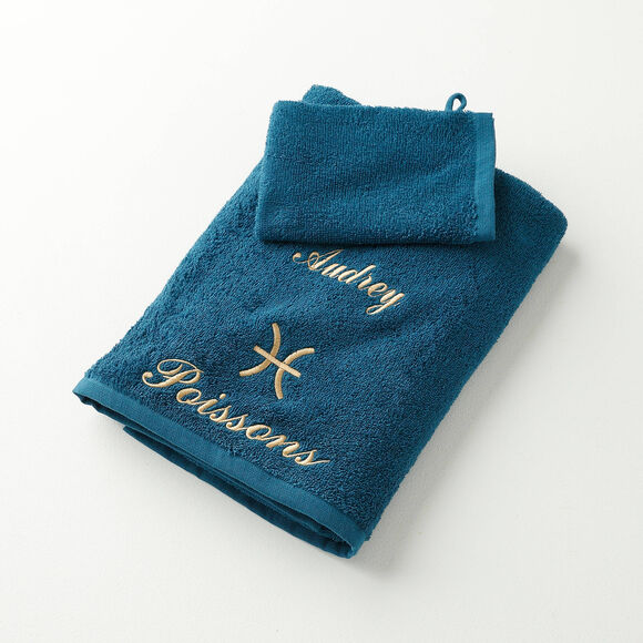 Serviettes de bain brodées Poisson personnalisable - 420g/m2 (bleu paon)