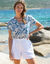 Blouse manches courtes, imprimé fleuri (bleu / blanc)