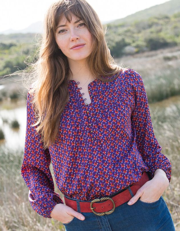 Blouse folk imprimé fleuri, manches amples élastiquées (rouge / violet)