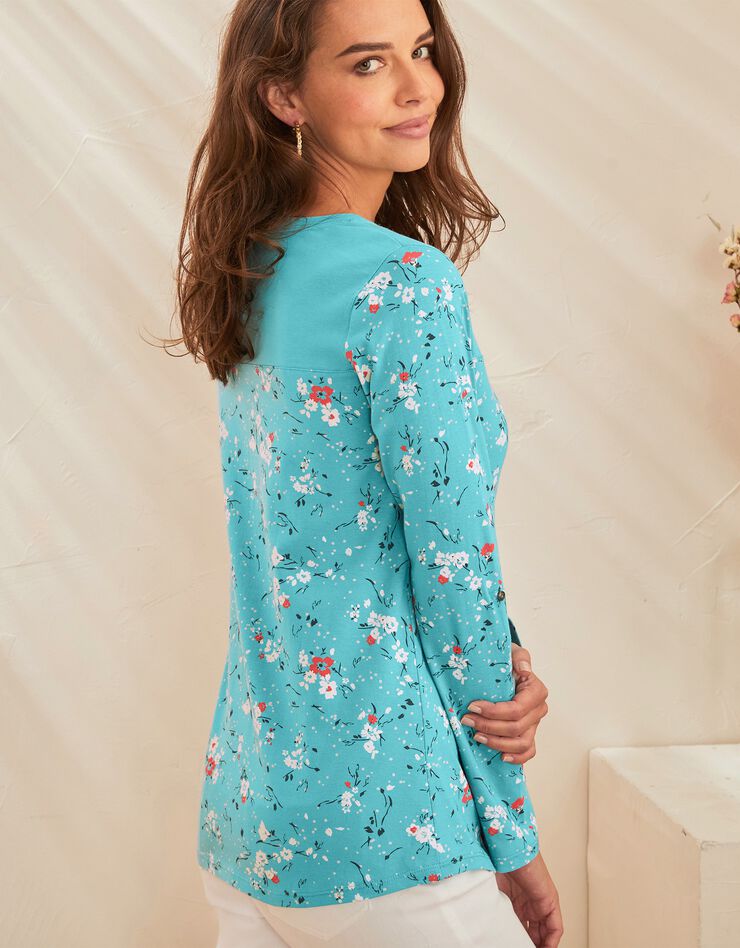 Tee-shirt col tunisien manches longues imprimé fleuri (turquoise) Tee-shirt col tunisien manches longues imprimé fleuri (turquoise)