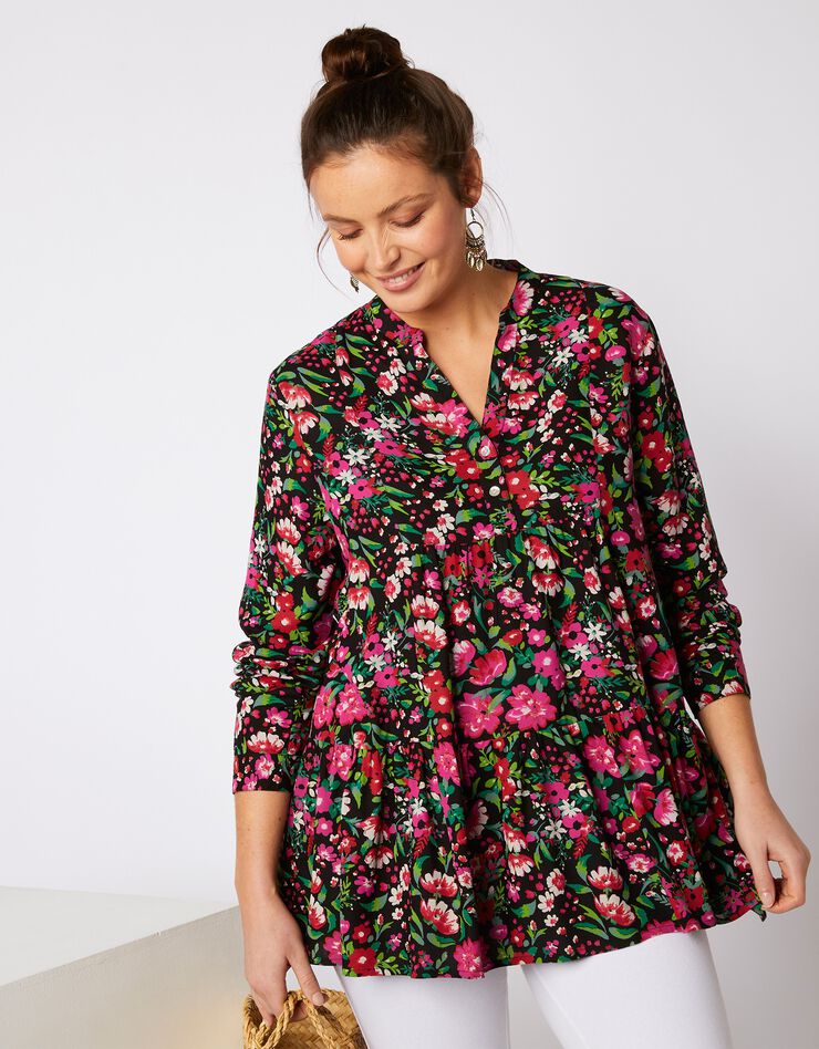Blouse ample manches longues imprimé floral (noir / rose) Blouse ample manches longues imprimé floral (noir / rose)