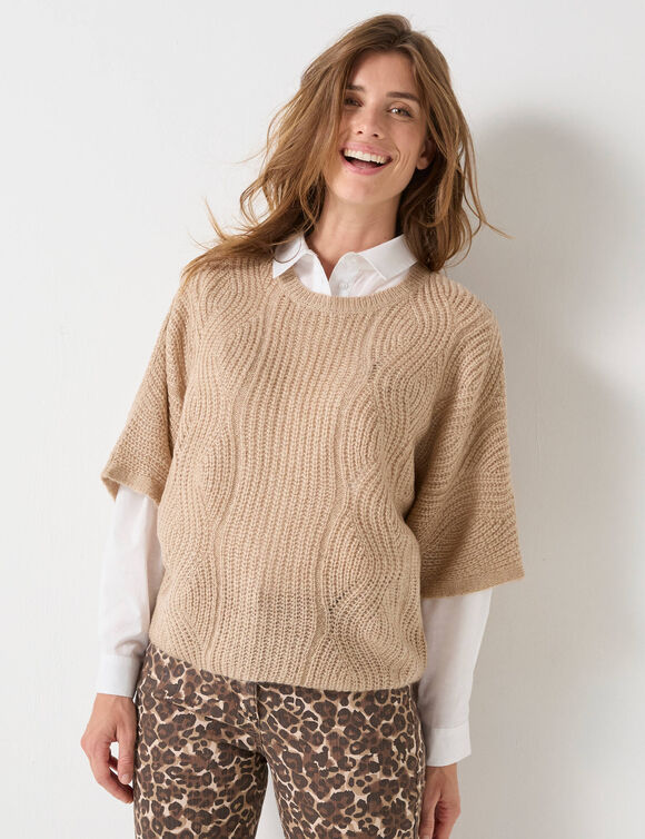 Pull poncho manches coudes, maille anglaise et torsades (beige chin&eacute;)