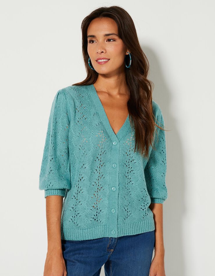 Gilet col V, maille ajourée toucher mohair (vert grisé) Gilet col V, maille ajourée toucher mohair (vert grisé)
