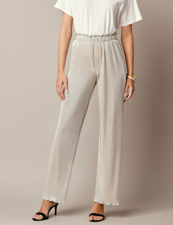 Pantalon large uni, maille plissée (doré)
