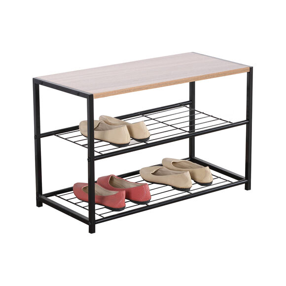 Meuble d'entr&eacute;e &agrave; &eacute;tag&egrave;res, bois et m&eacute;tal (naturel/noir)