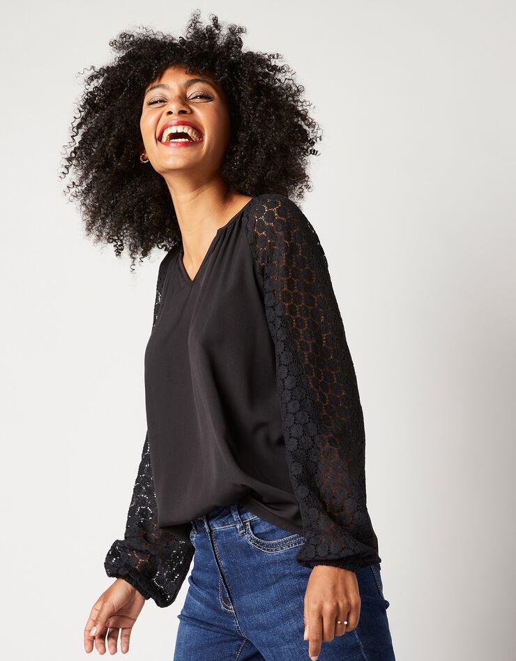 Blouse unie manches dentelle (noir) Blouse unie manches dentelle (noir)