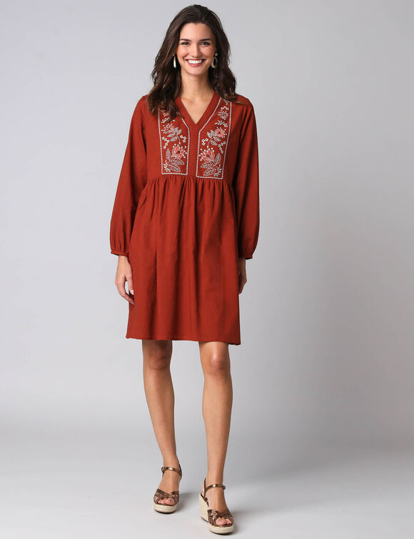 Robe courte brod&eacute;e unie en coton (paprika)