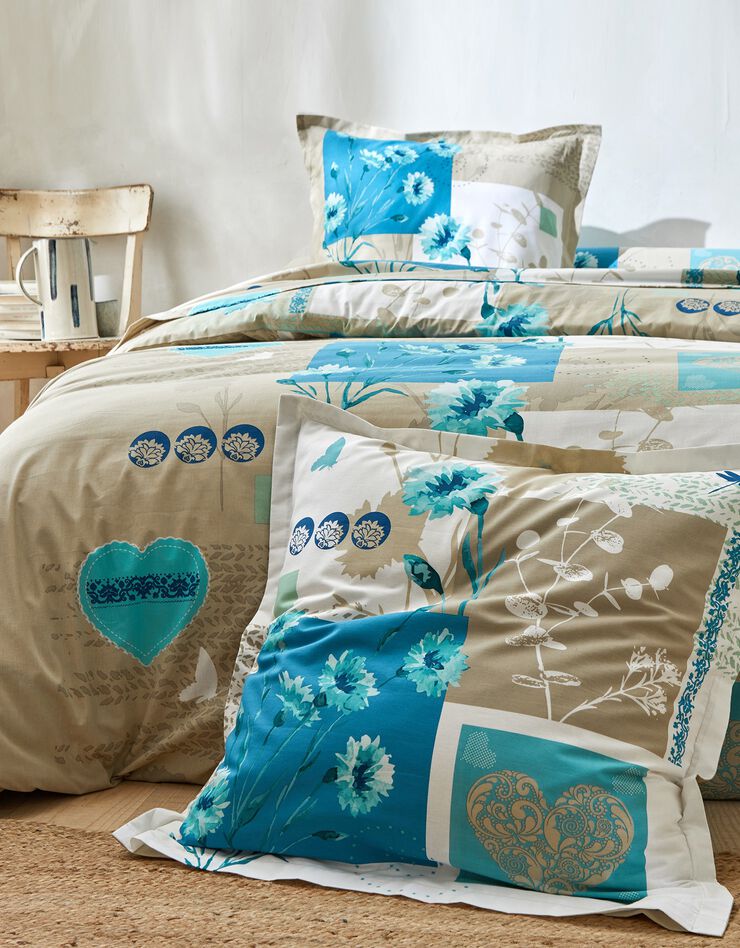 Linge de lit Line en coton imprimé à motifs coeurs et fleurs (céladon)