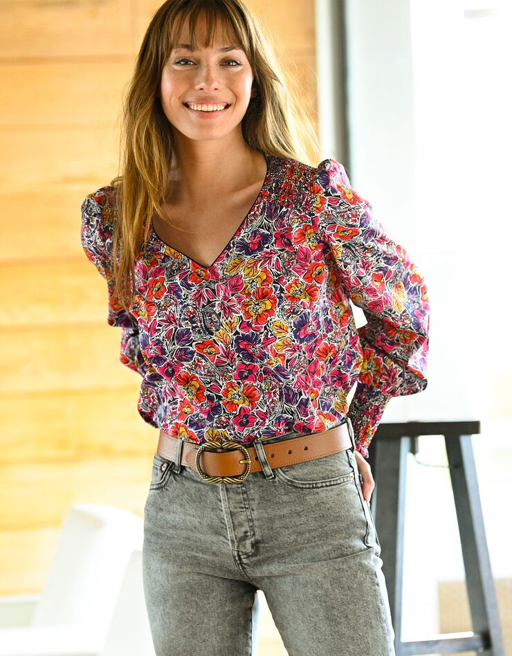 Blouse smocks épaules imprimé fleuri (noir / rouge) Blouse smocks épaules imprimé fleuri (noir / rouge)
