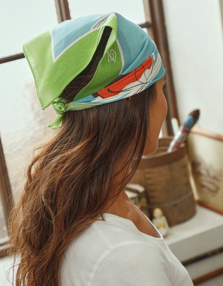 Foulard fabriqué en France imprimé pêches, 48x48 cm, coton biologique, collection "Odette Lepeltier" (bleu grisé)