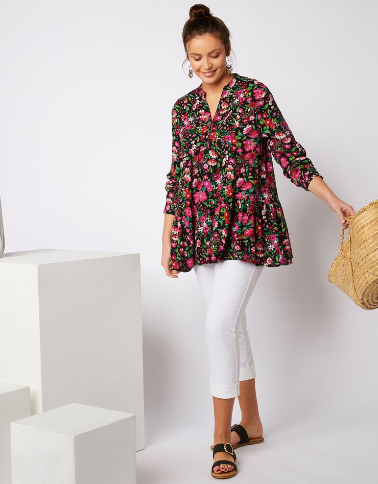 Blouse ample manches longues imprimé floral (noir / rose) Blouse ample manches longues imprimé floral (noir / rose)