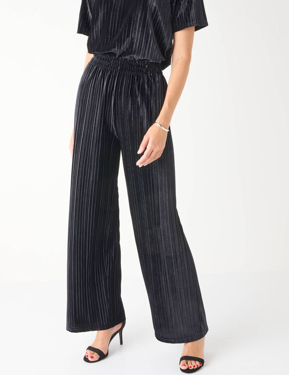 Pantalon large velours reliefé taille élastiquée (noir)