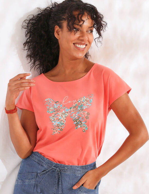T-shirt manches courtes, imprim&eacute; plac&eacute; "papillon" (rose corail)