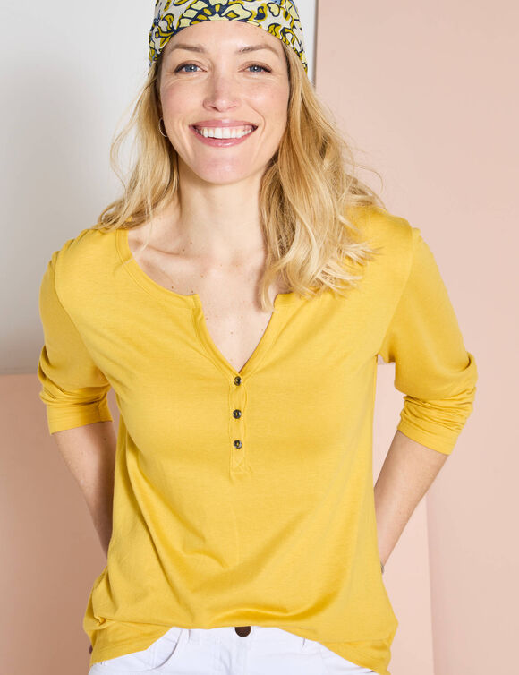 Tee-shirt col tunisien manches longues, uni (curry)