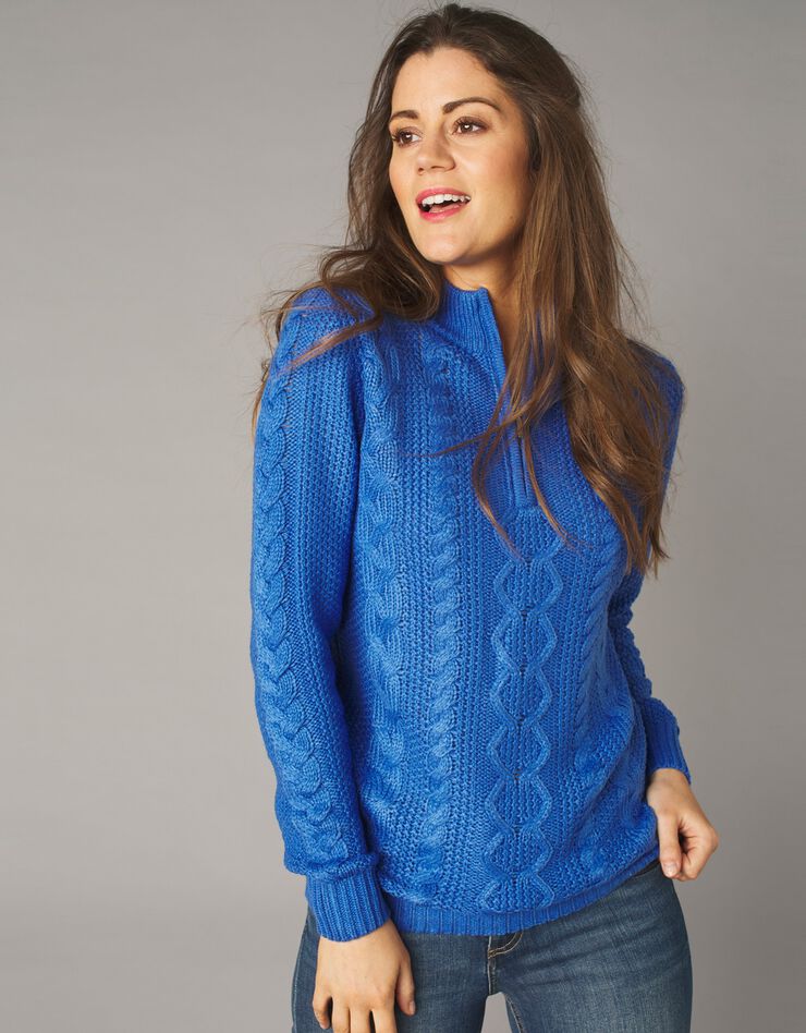 Pull col montant zippé maille torsadée toucher cachemire (bleu dur) Pull col montant zippé maille torsadée toucher cachemire (bleu dur)