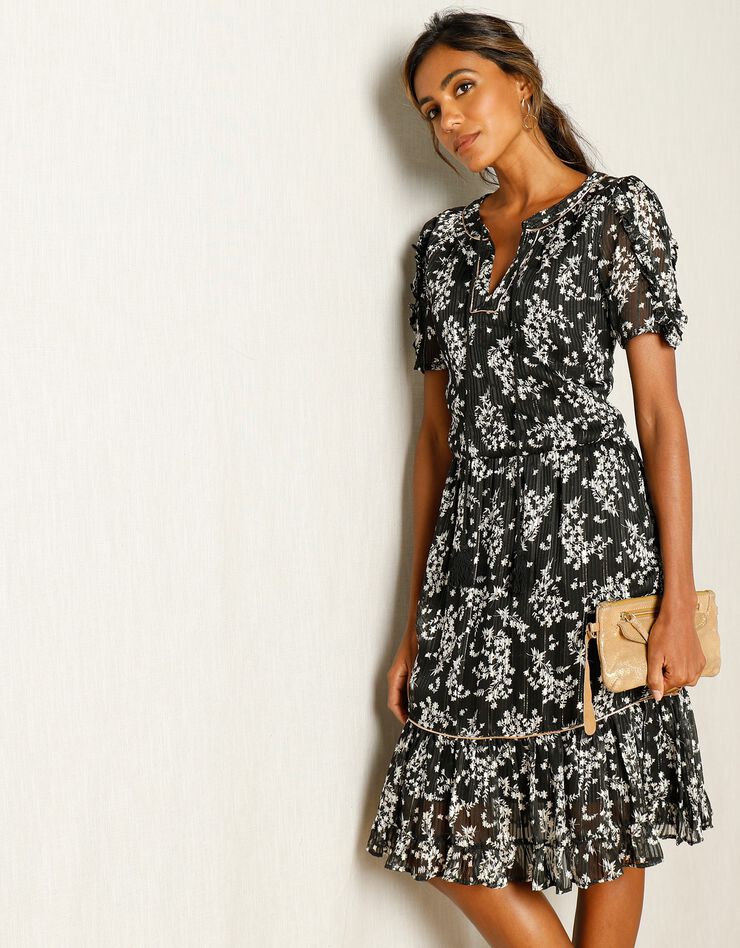 Robe imprimé floral, voile jacquard (noir / blanc)
