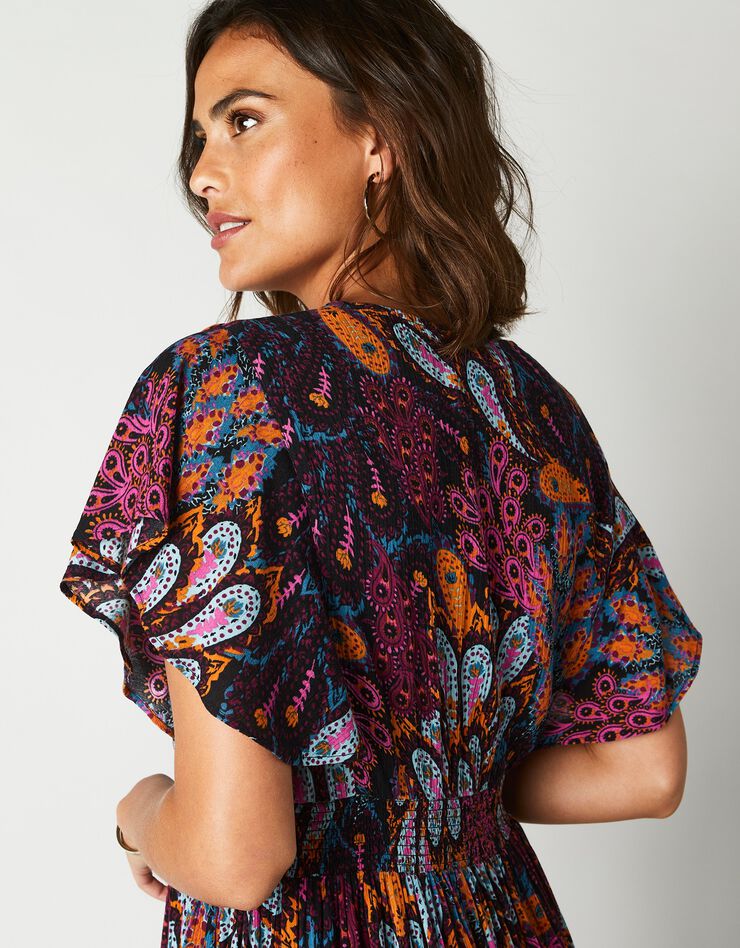 Robe volantée cache-coeur imprimée, crépon (noir / bleu)