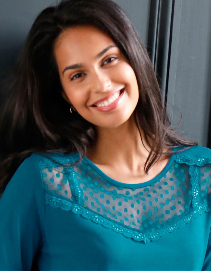Tee-shirt uni plastron plumetis et dentelle (bleu canard) Tee-shirt uni plastron plumetis et dentelle (bleu canard)