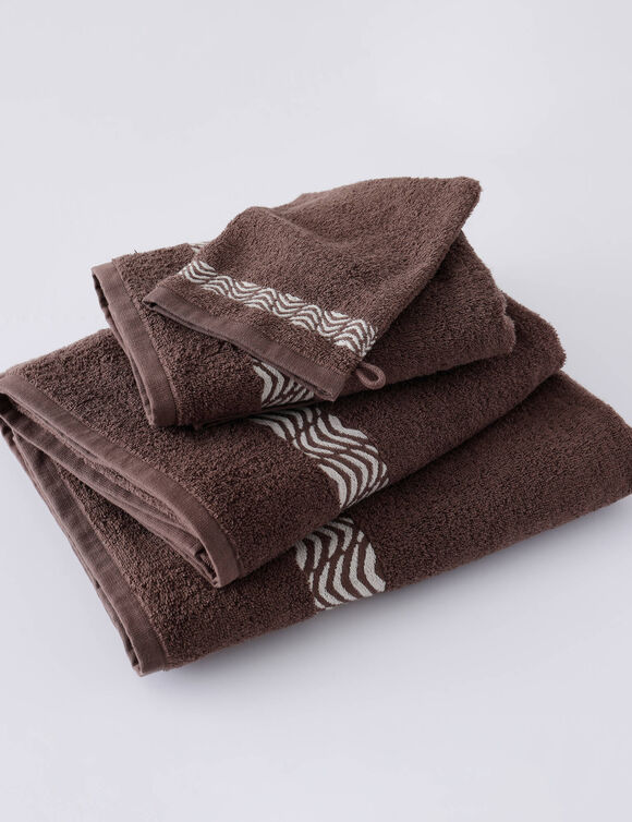 Collection serviettes de bain unies 420 g/m2 liteau fantaisie brod&eacute; (chocolat)
