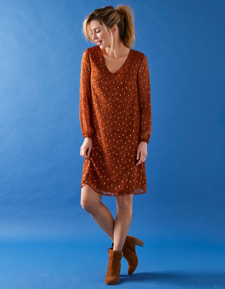 Robe évasée voile imprimé doré (caramel)