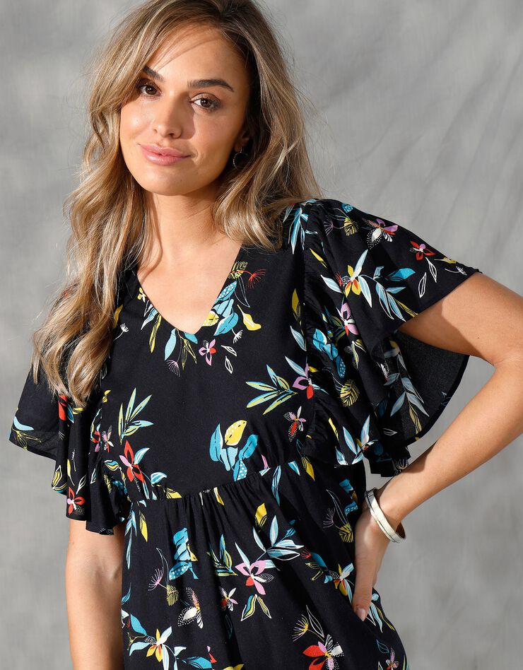 Robe courte manches "papillon", imprimé floral (noir / turquoise)