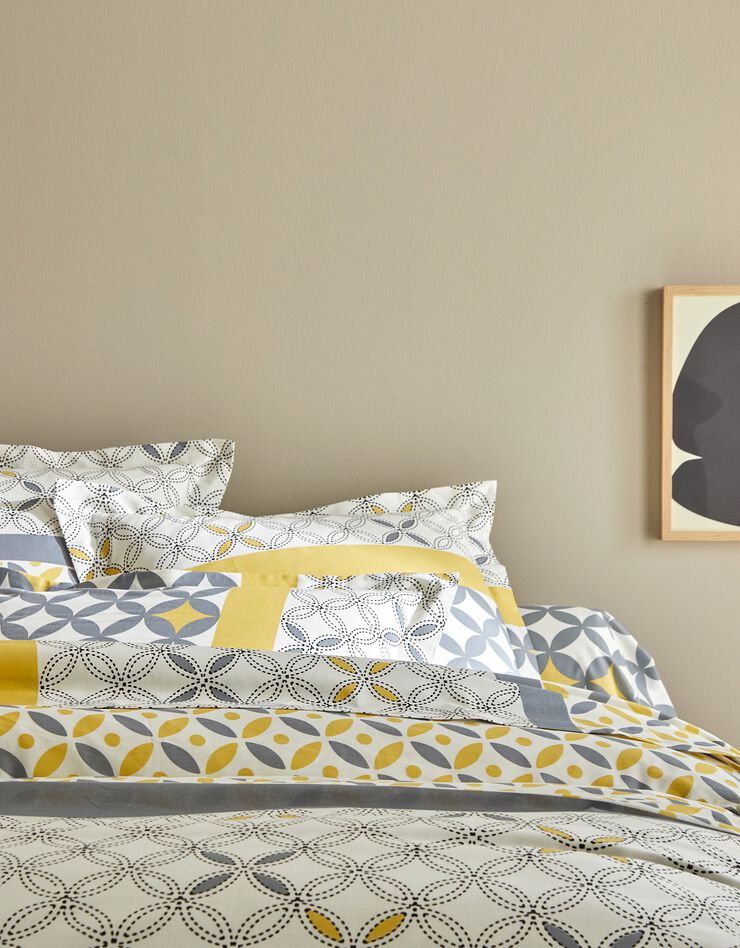 Linge de lit Marlow en coton motifs géométriques (gris / jaune)