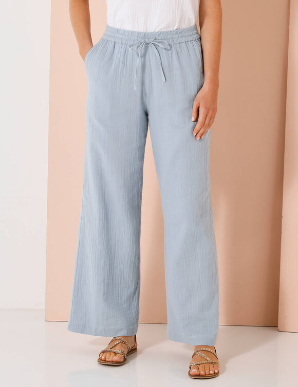 Pantalon large taille haute, gaze de coton (bleu grisé)