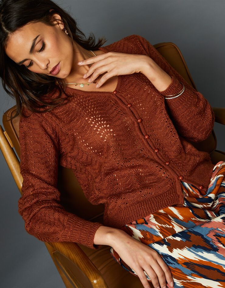 Gilet maille fantaisie ajourée toucher mohair (caramel) Gilet maille fantaisie ajourée toucher mohair (caramel)