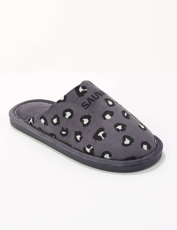 Mules &agrave; message, motif l&eacute;opard. (gris)