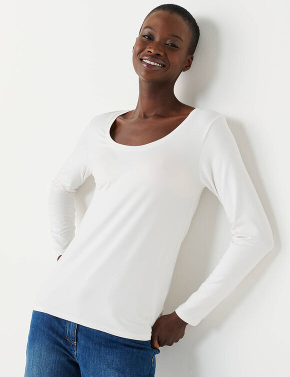 T-shirt col rond uni, maille douce (&eacute;cru)
