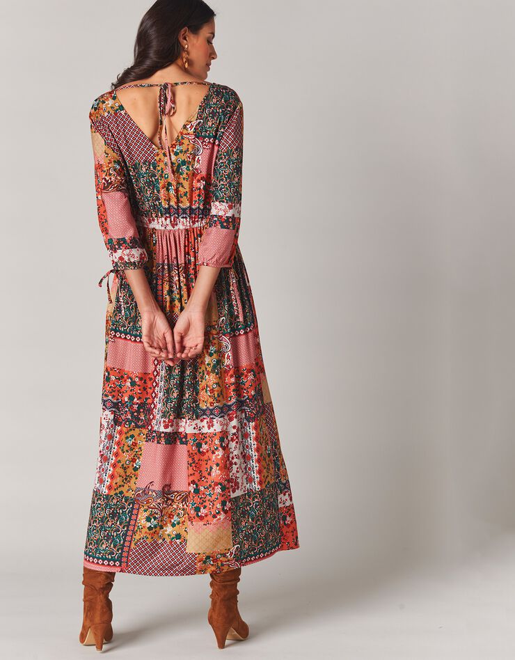 Robe longue imprimé patchwork col V (caramel / rouille)