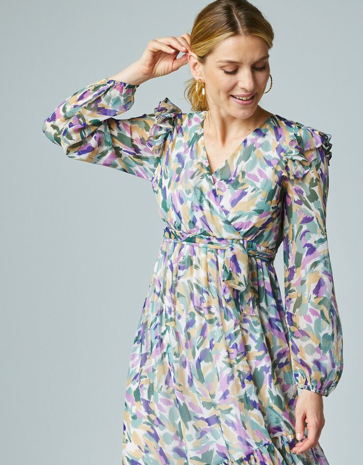 Robe longue volantée asymétrique en voile imprimé (kaki / naturel)