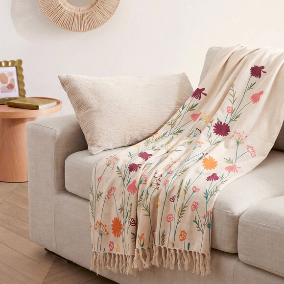 Jet&eacute; imprim&eacute; fleurs champ&ecirc;tres - coton textur&eacute; (vert / orange)