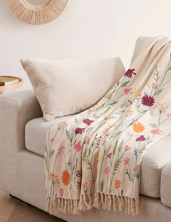 Jet&eacute; imprim&eacute; fleurs champ&ecirc;tres - coton textur&eacute; (vert / orange)