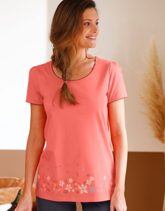 Tee-shirt manches courtes imprimé base fleurs jersey coton (corail)