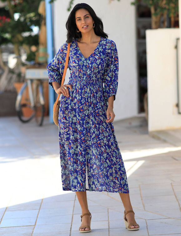 Robe longue boutonnée imprimée crépon (bleu / vert)