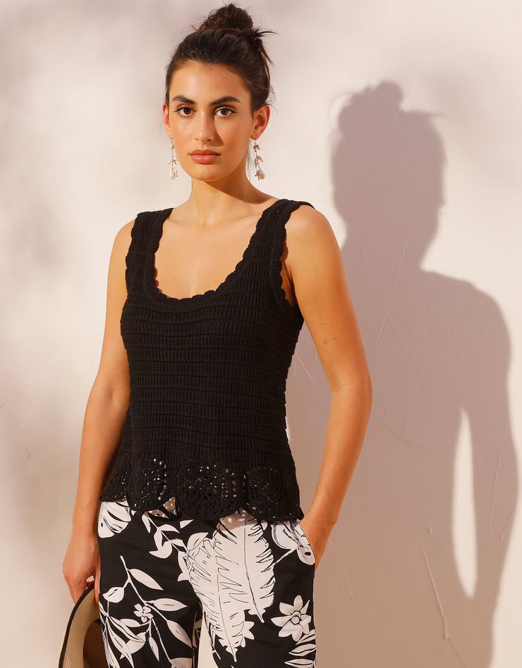 Pull sans manches base ajourée effet crochet (noir)