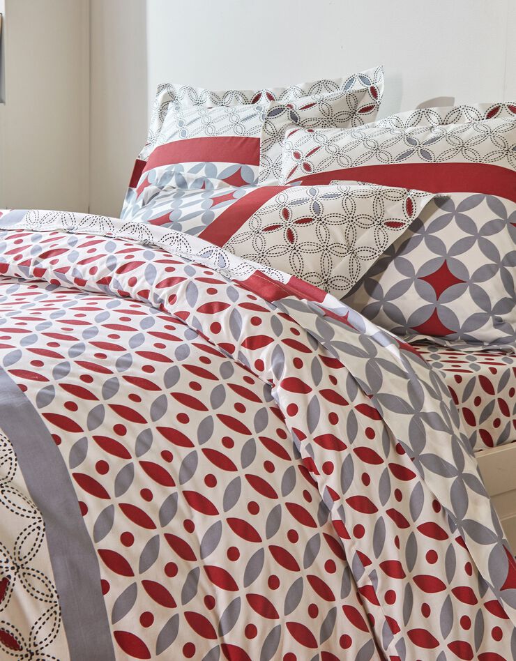 Linge de lit Marlow en coton à motifs géométriques (gris / rouge)