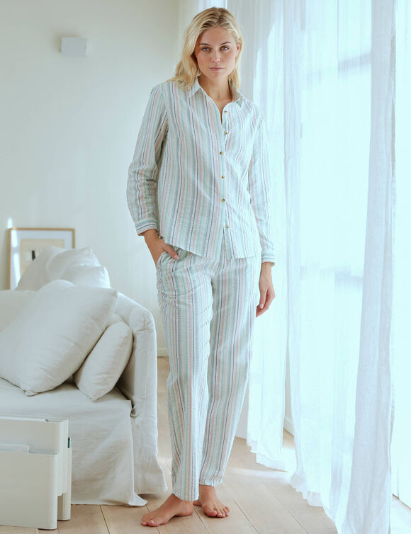 Pyjama boutonn&eacute; en seersucker ray&eacute;- col chemisier  (&eacute;cru / bleu)