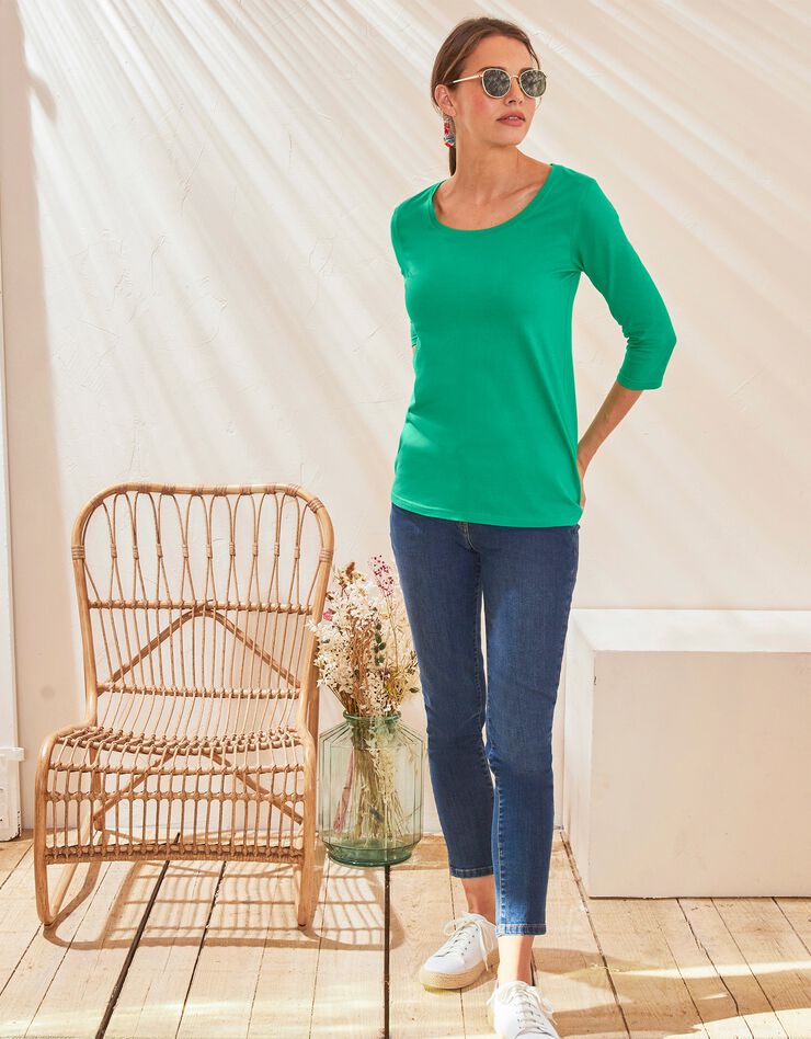 Tee-shirt manches 3/4 col rond uni coton (vert) Tee-shirt manches 3/4 col rond uni coton (vert)