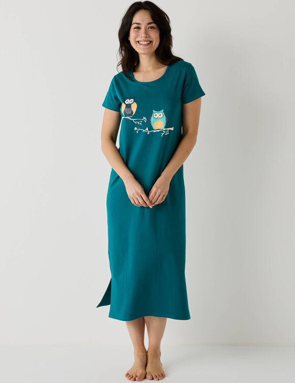 Chemise de nuit longue manches courtes motifs "hiboux" (vert sapin)