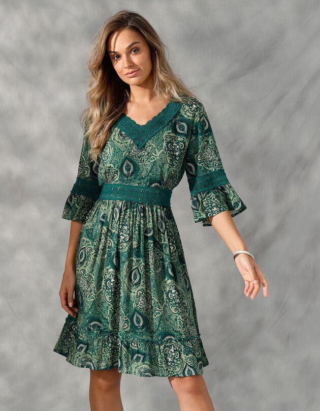 Robe courte crépon imprimé et macramé (vert / écru)