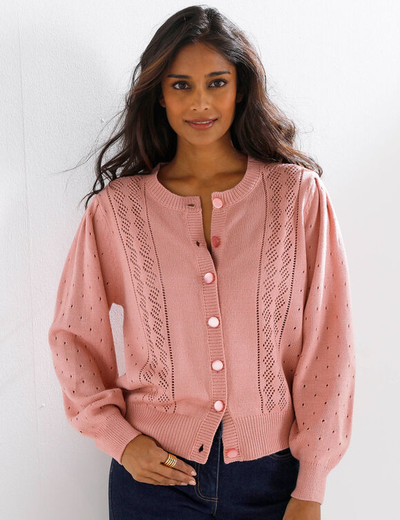 Cardigan boutonn&eacute;, maille ajour&eacute;e (bois de rose)