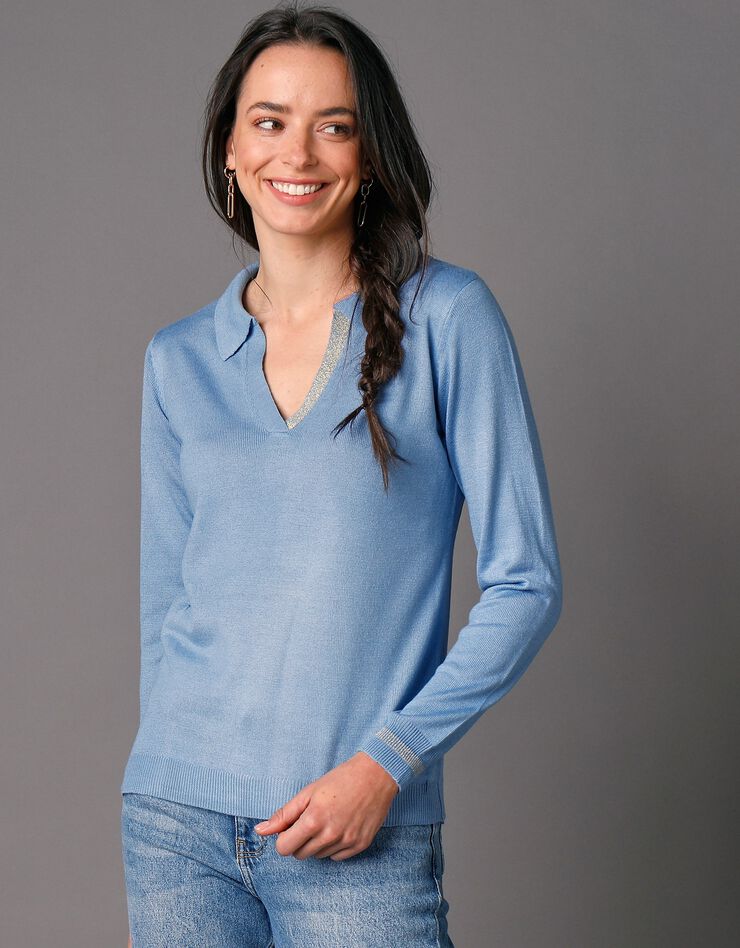 Pull col polo détails brillants, toucher cachemire (bleu grisé) Pull col polo détails brillants, toucher cachemire (bleu grisé)