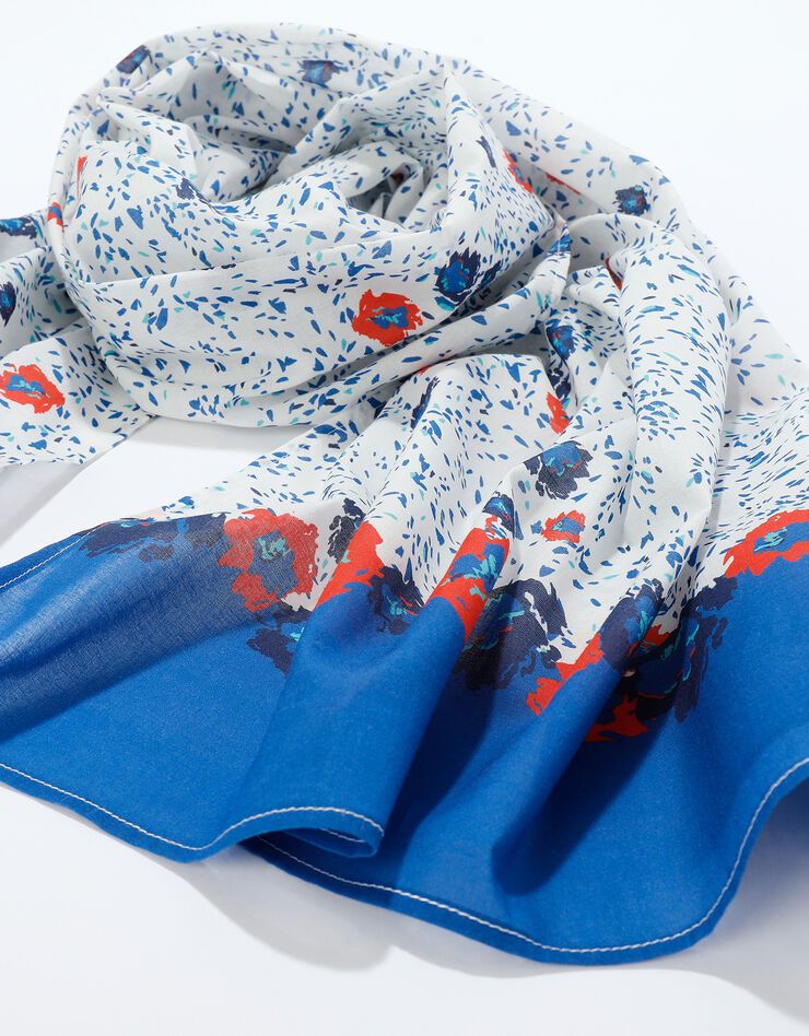Foulard style chèche fabriqué en France imprimé coquelicots, 160 x 70 cm  - coton (écru / bleu)