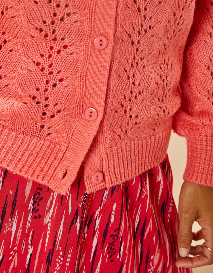 Cardigan boutonné manches blousantes, maille ajourée toucher mohair (corail) Cardigan boutonné manches blousantes, maille ajourée toucher mohair (corail)